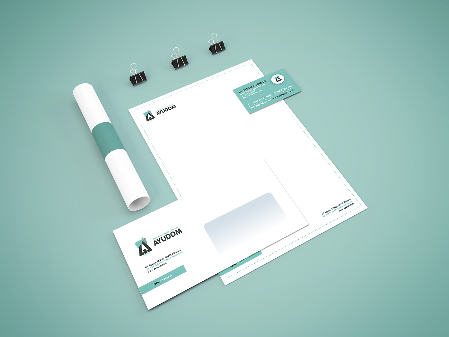 Diseño gráfico Albacete, diseño de imagen corporativa Ayudo, papelería comercial, diseño web Ayudom
