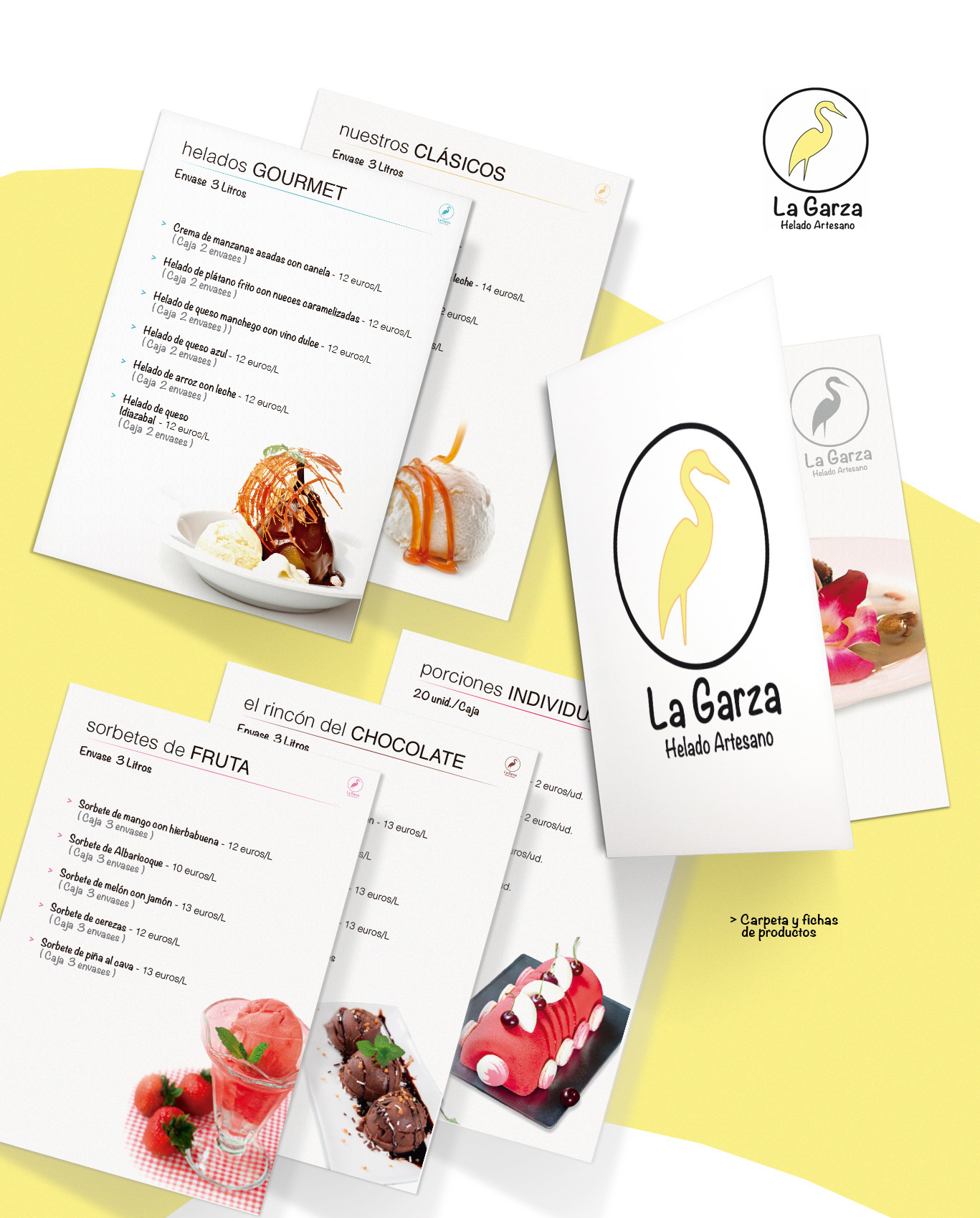 Diseño gráfico e impresión de carpeta y fichas producto para La Garza Helados Artesanos