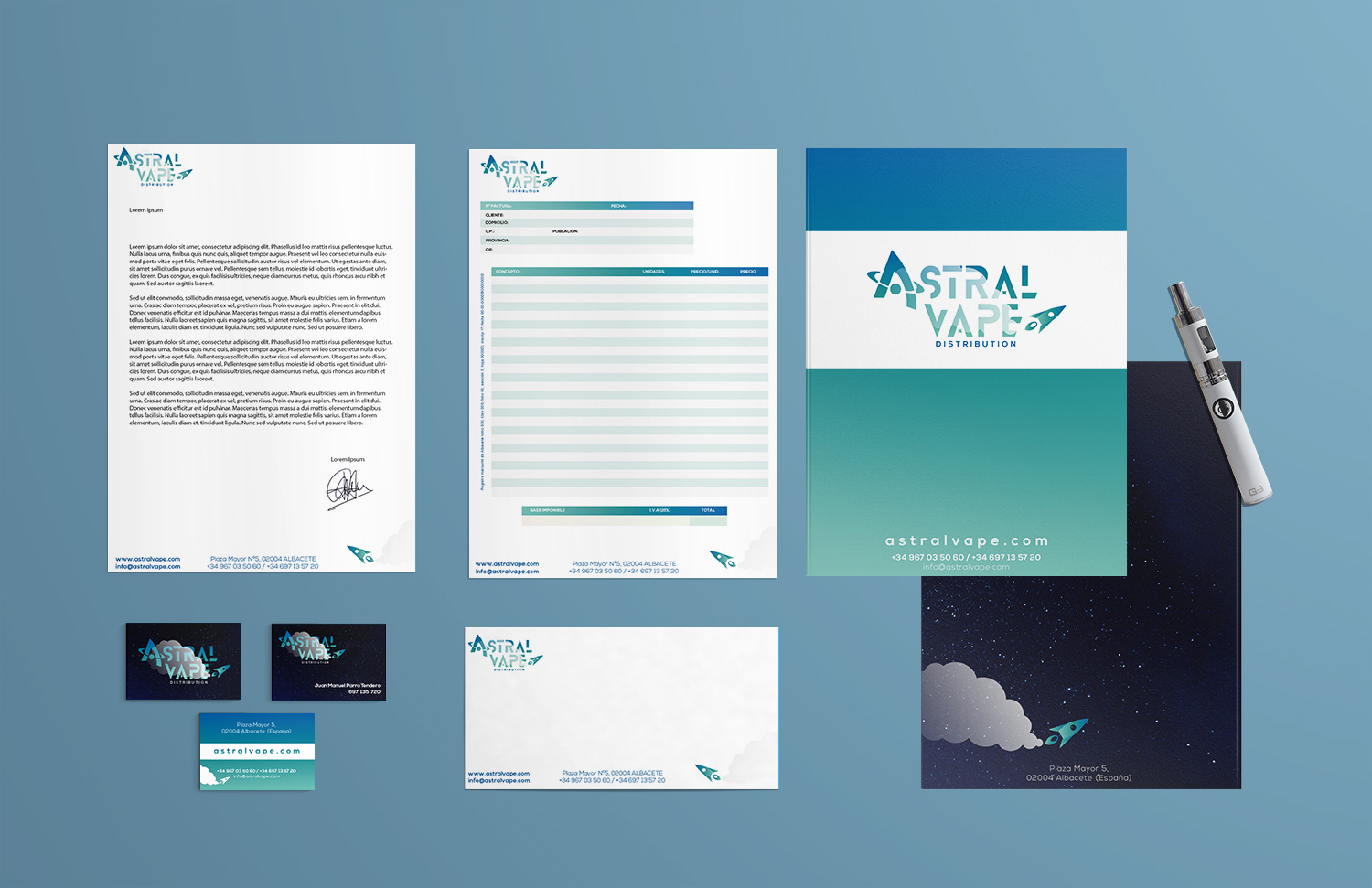 Diseño grafico Albacete, imprenta Albacete, branding papelería empresa Albacete Astralvape